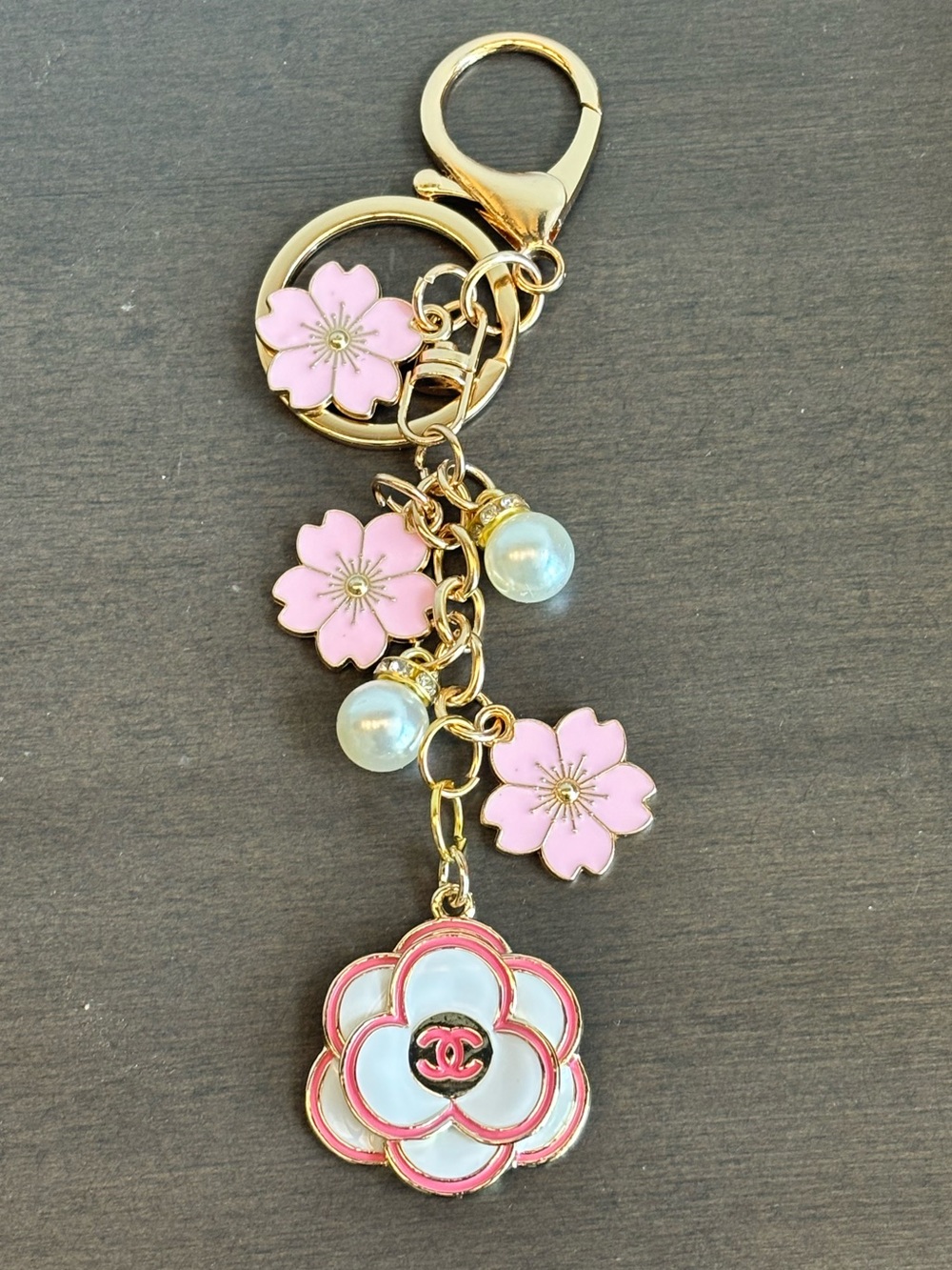 CHANEl CC Camellia Flower Bag Charm, Pink Enamel flower, faux pearl, Upcycled